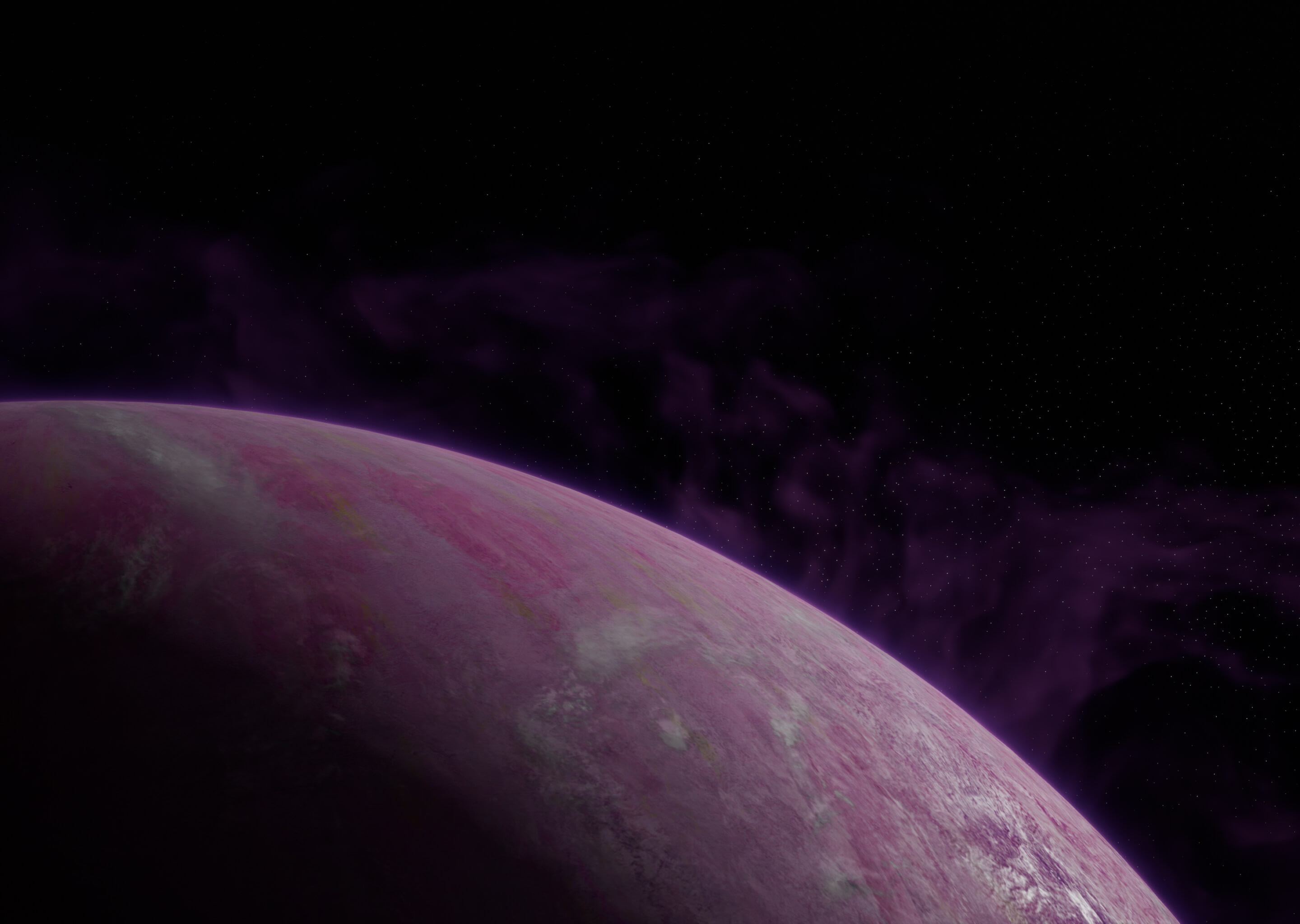 The top third of a large pink planet is visible against a backdrop of space and stars